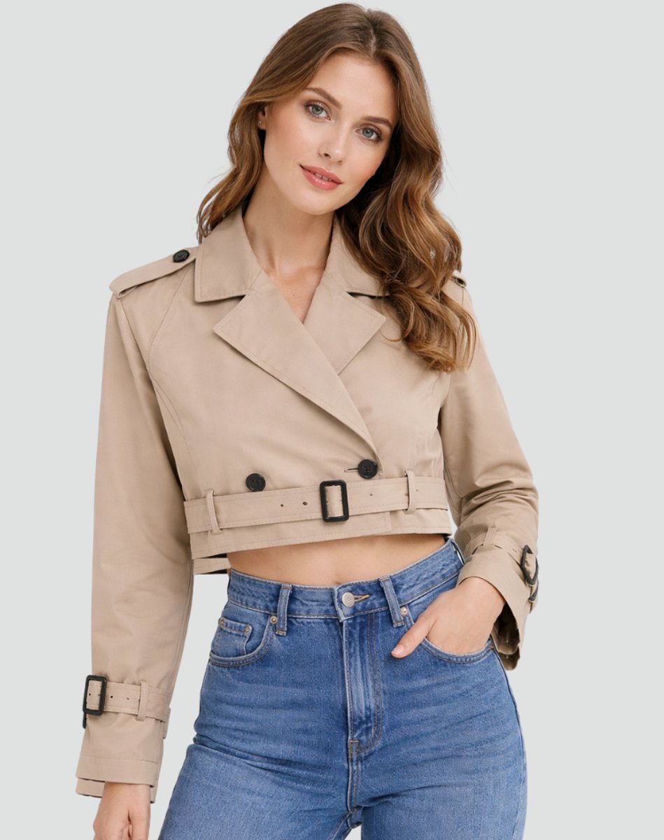Amelie Cropped Double-Breasted Belted Trench Coat