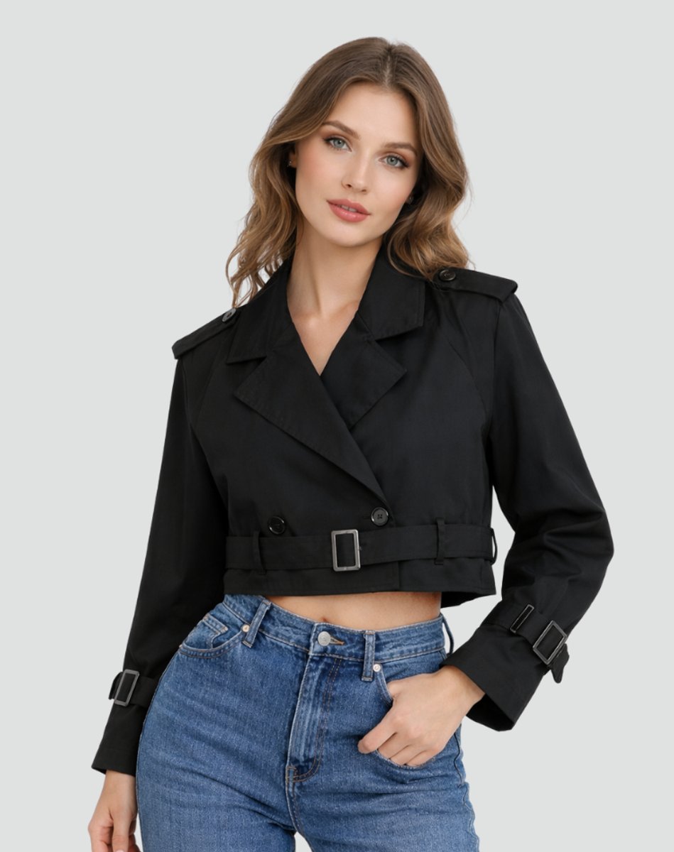 Amelie Cropped Double-Breasted Belted Trench Coat