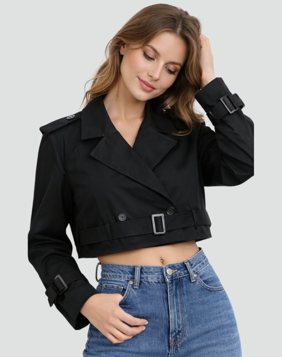 Amelie Cropped Double-Breasted Belted Trench Coat