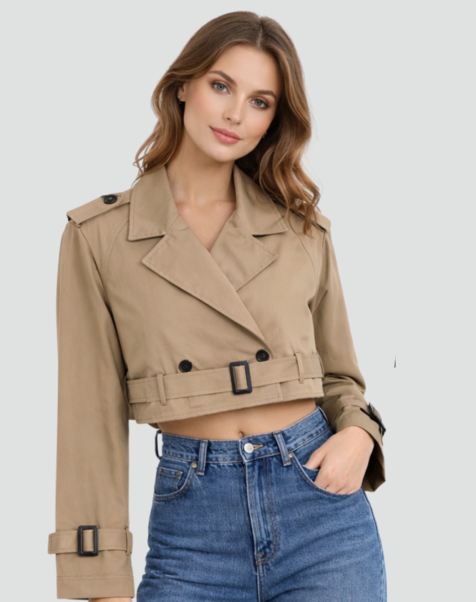 Amelie Cropped Double-Breasted Belted Trench Coat