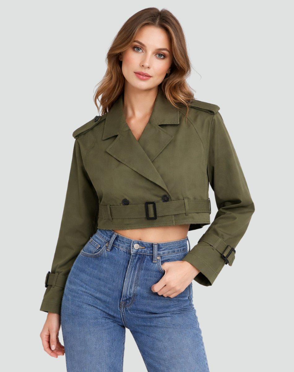 Amelie Cropped Double-Breasted Belted Trench Coat