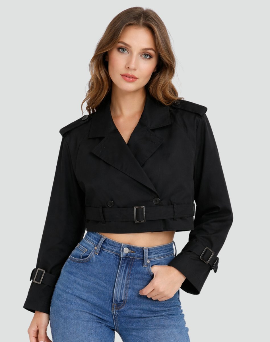 Amelie Cropped Double-Breasted Belted Trench Coat