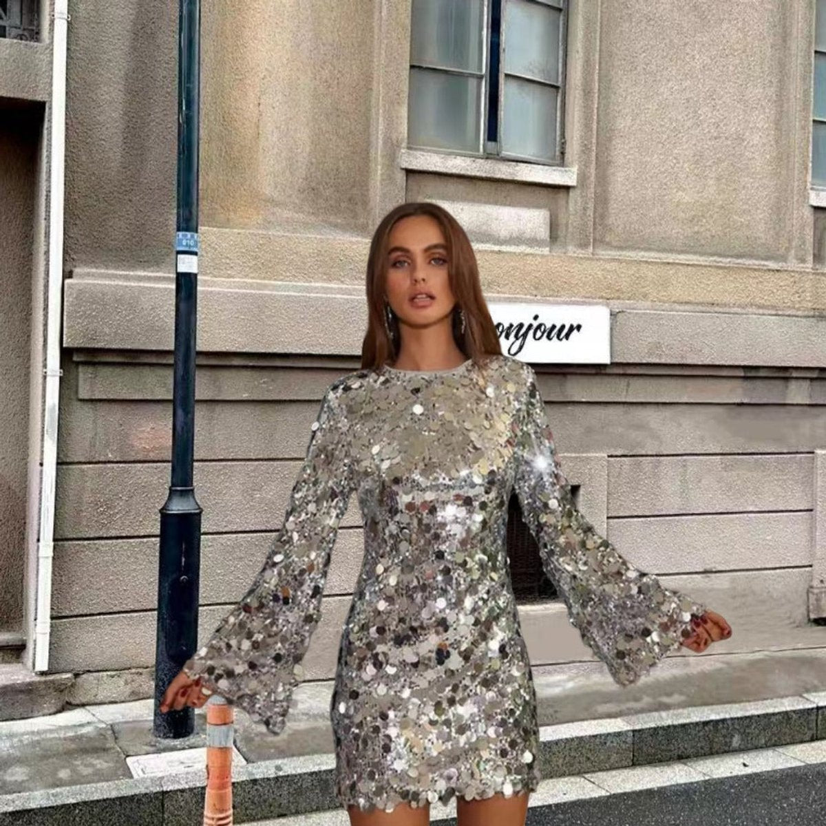 Nora Sequin Trumpet Sleeve Cocktail Dress