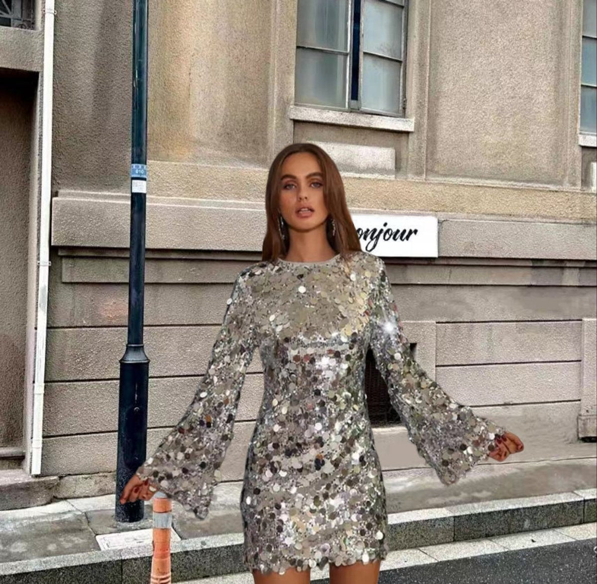 Nora Sequin Trumpet Sleeve Cocktail Dress