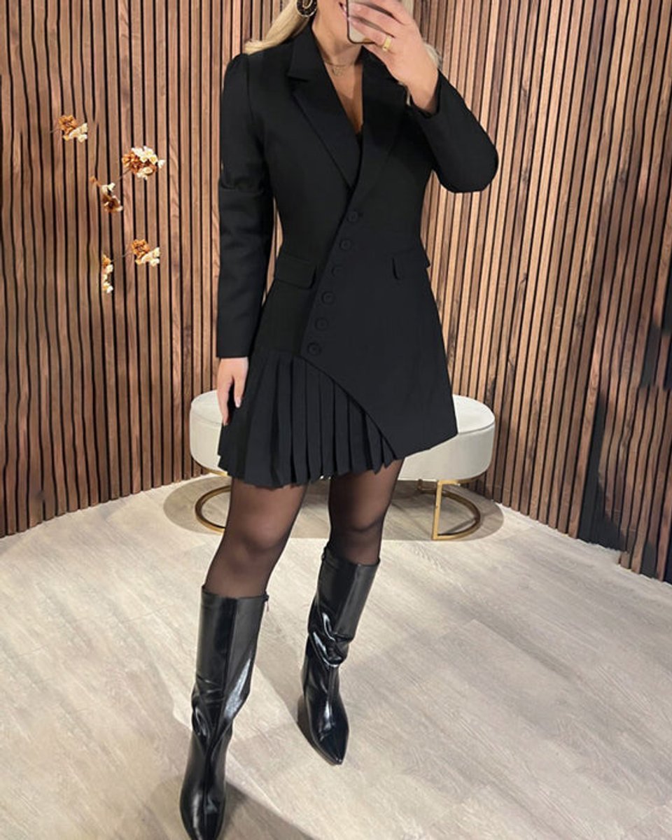 Katharina Long-Sleeve Pleated-Skirt Blazer Dress