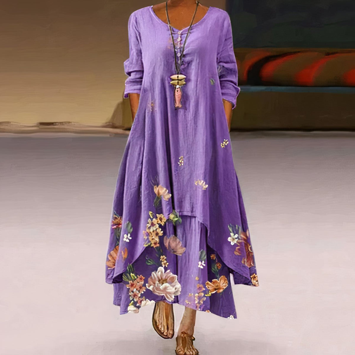 Katharina Long-Sleeve Floral Print Maxi Dress