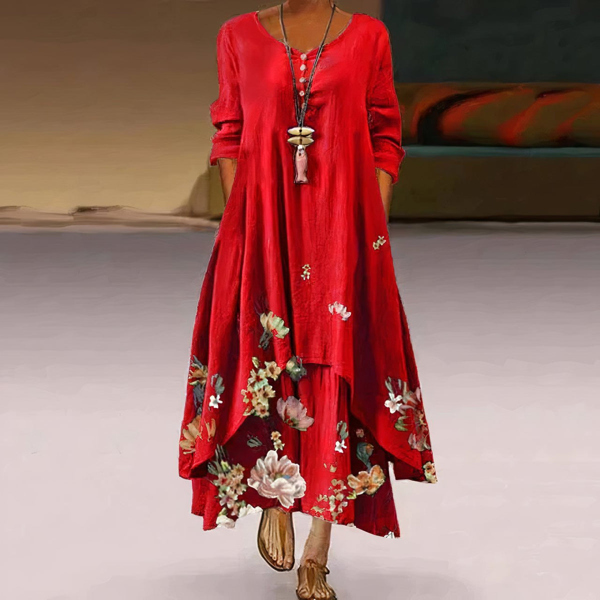 Katharina Long-Sleeve Floral Print Maxi Dress