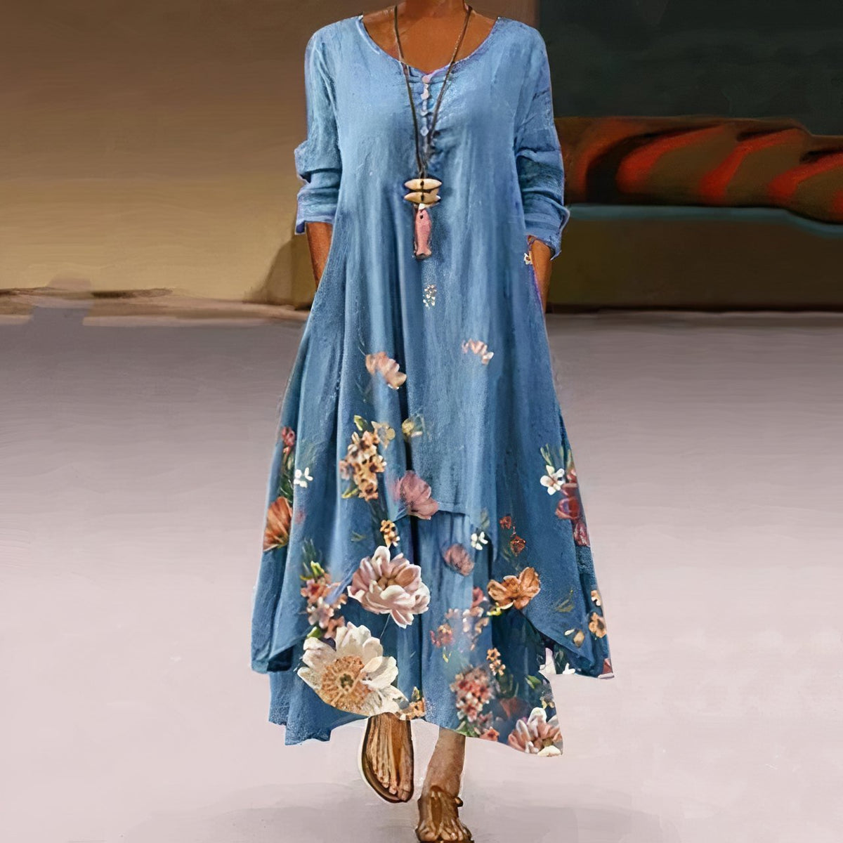 Katharina Long-Sleeve Floral Print Maxi Dress