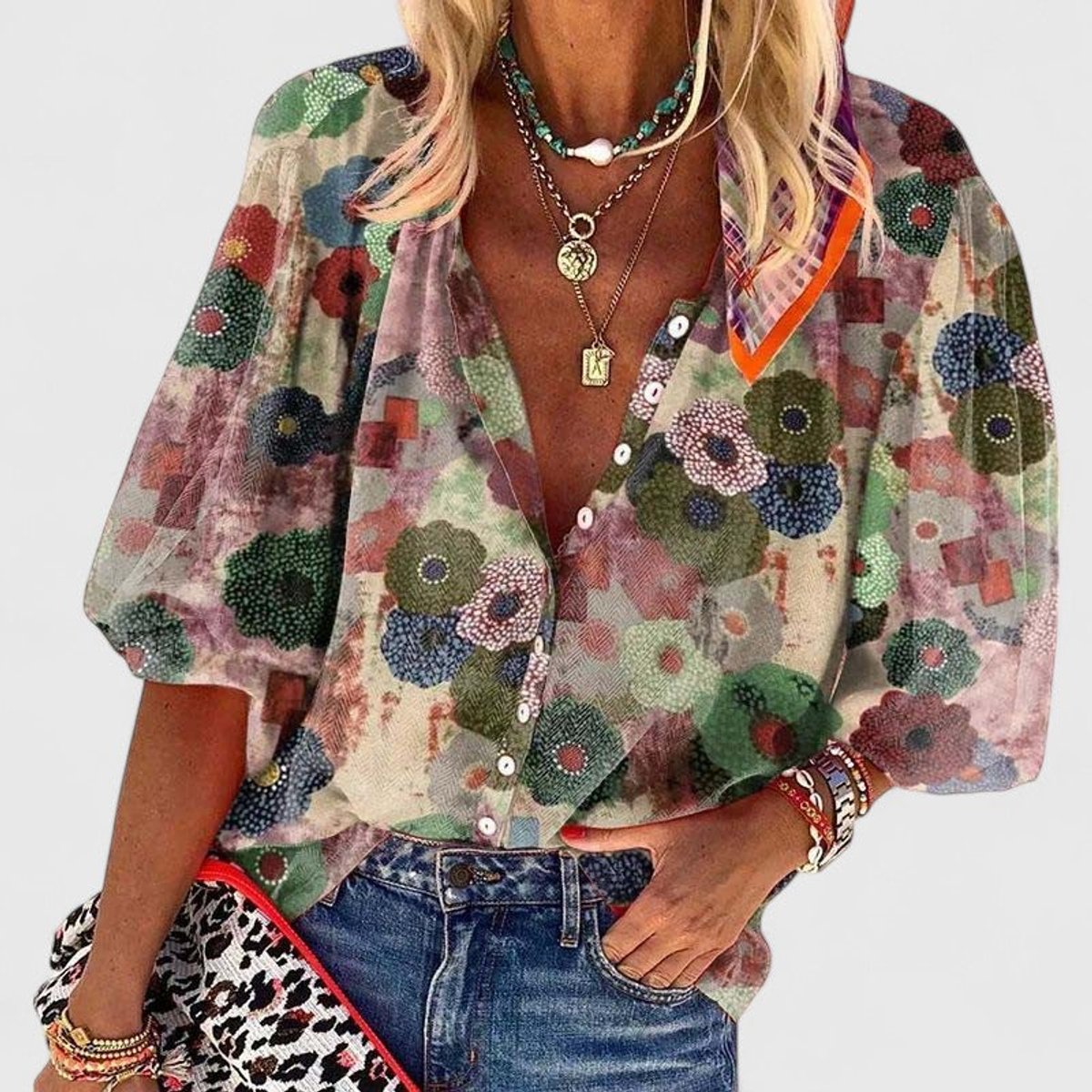 Annika Floral Print Long-Sleeve Blouse with V-Neck
