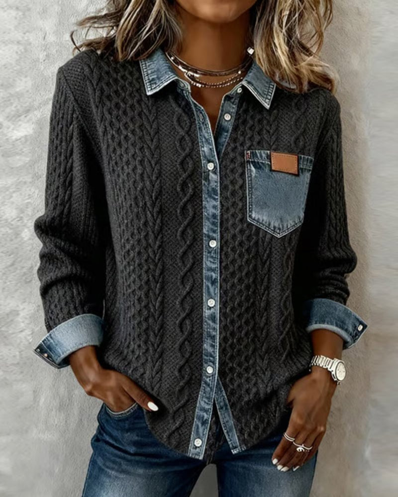 Sophie Cable Knit Denim Patchwork Blouse