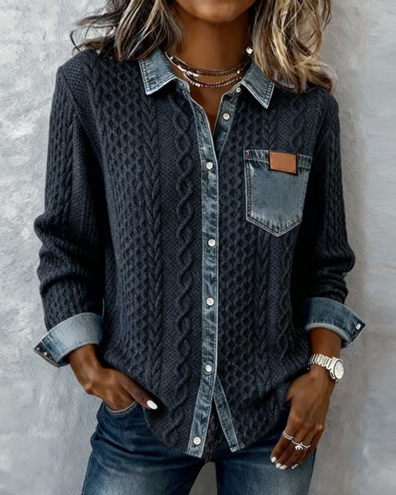 Sophie Cable Knit Denim Patchwork Blouse
