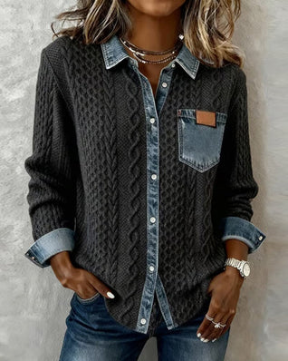 Sophie Cable Knit Denim Patchwork Blouse