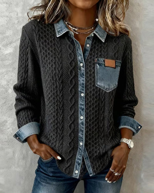 Sophie Cable Knit Denim Patchwork Blouse