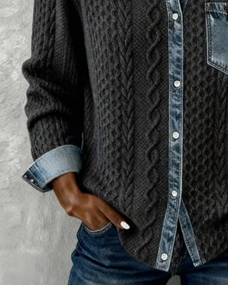 Sophie Cable Knit Denim Patchwork Blouse