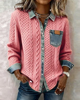 Sophie Cable Knit Denim Patchwork Blouse