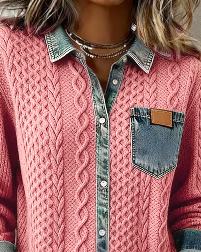 Sophie Cable Knit Denim Patchwork Blouse