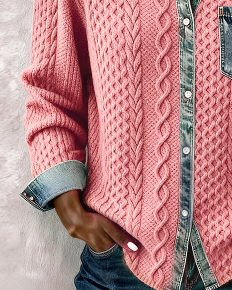 Sophie Cable Knit Denim Patchwork Blouse