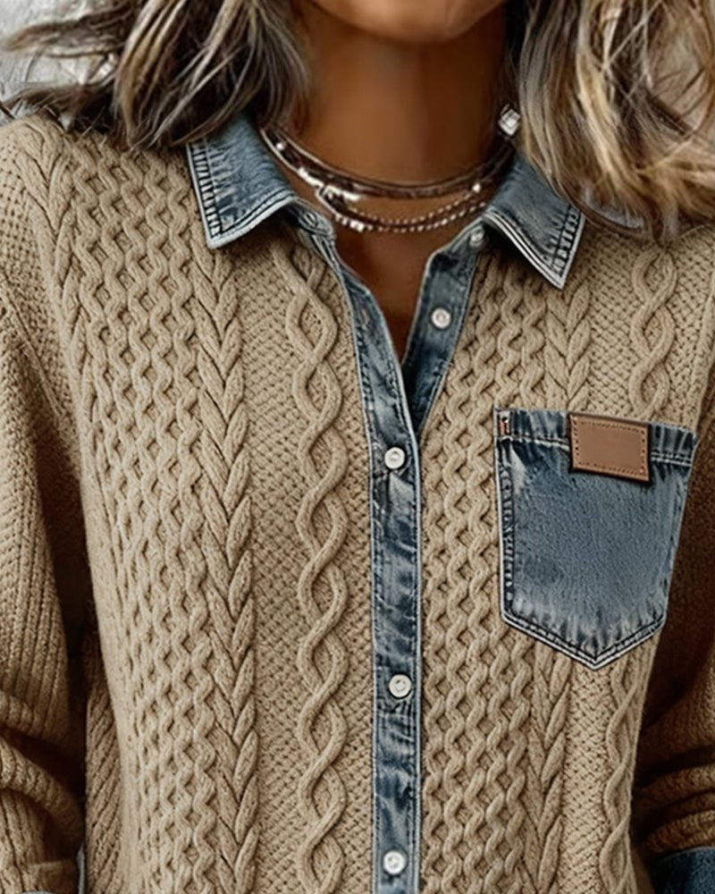 Sophie Cable Knit Denim Patchwork Blouse