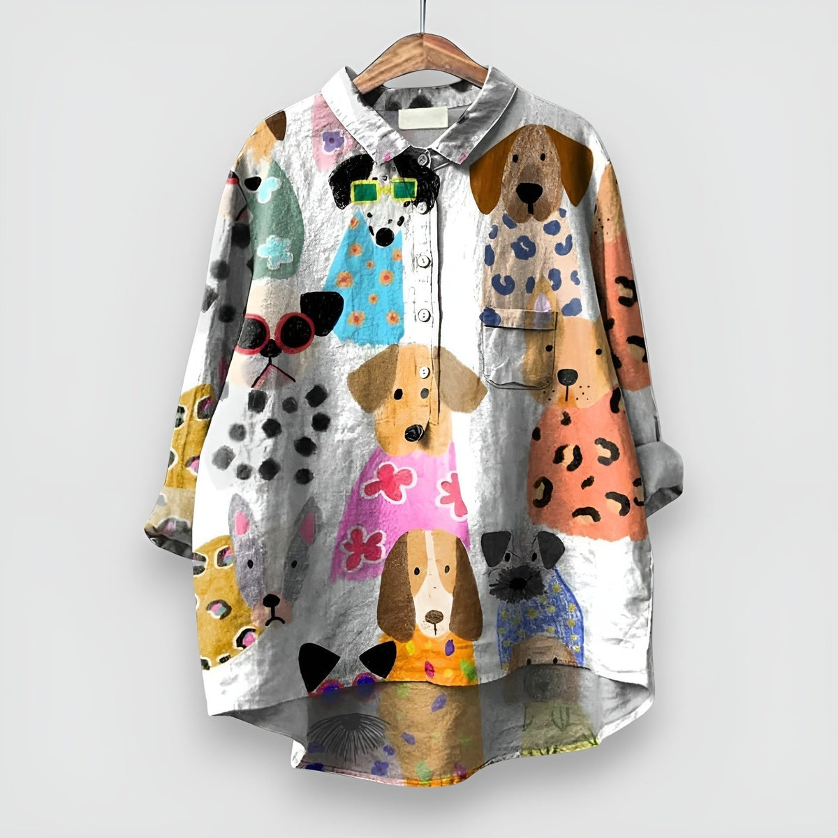 Luisa Long-Sleeve Shirt Blouse with Dog Print