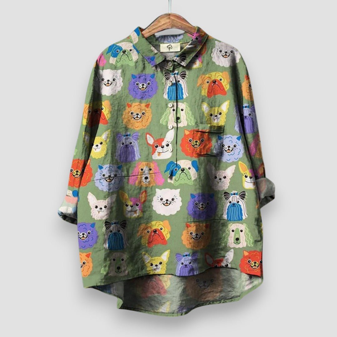 Luisa Long-Sleeve Shirt Blouse with Dog Print