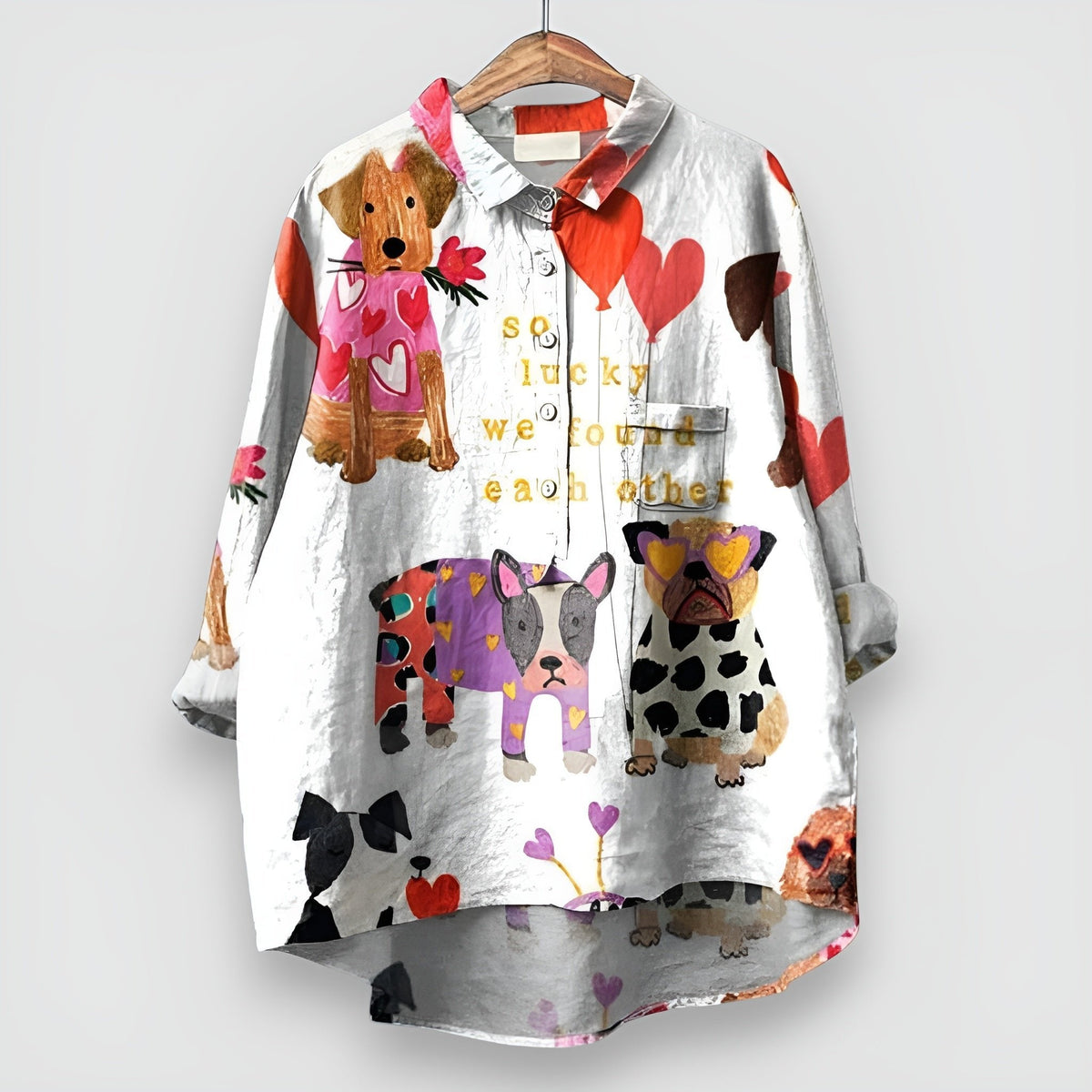 Luisa Long-Sleeve Shirt Blouse with Dog Print