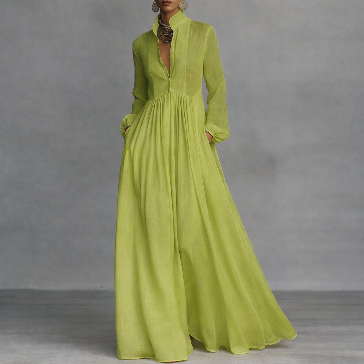 Sophie Stand Collar Flowy Maxi Shirt Dress