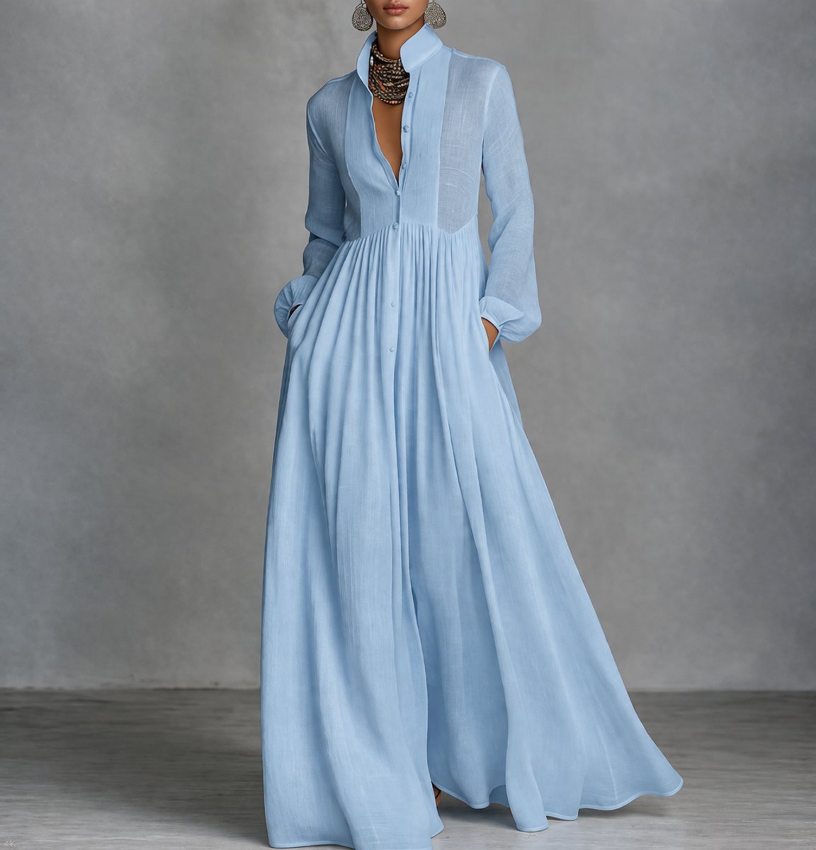 Sophie Stand Collar Flowy Maxi Shirt Dress