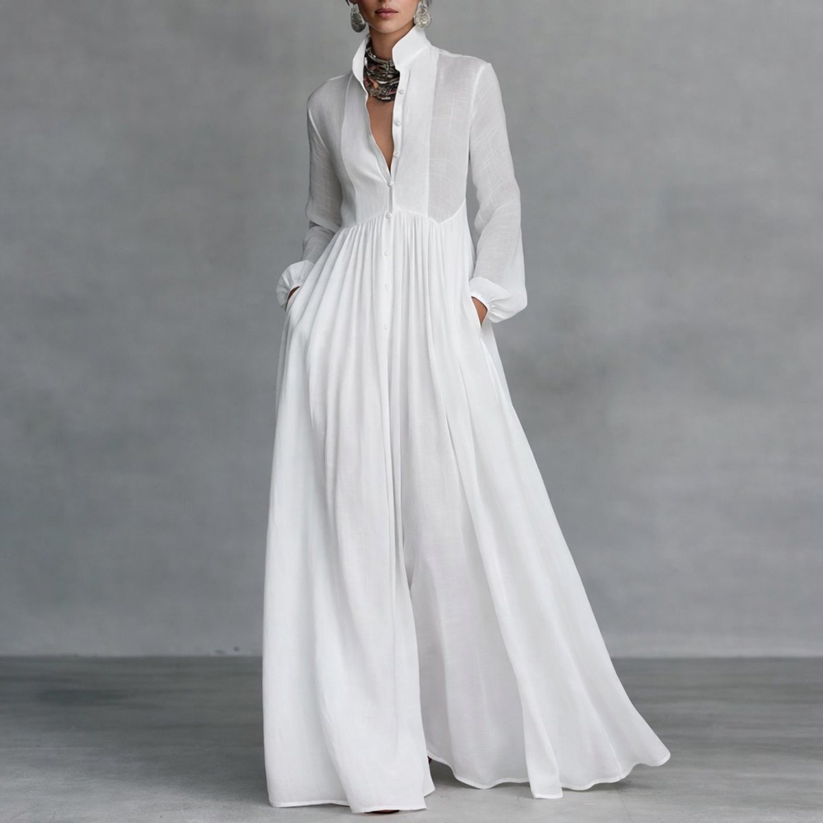 Sophie Stand Collar Flowy Maxi Shirt Dress