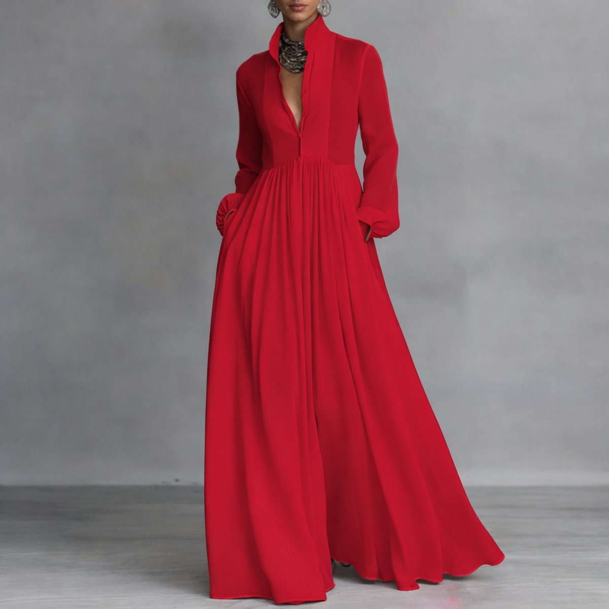 Sophie Stand Collar Flowy Maxi Shirt Dress