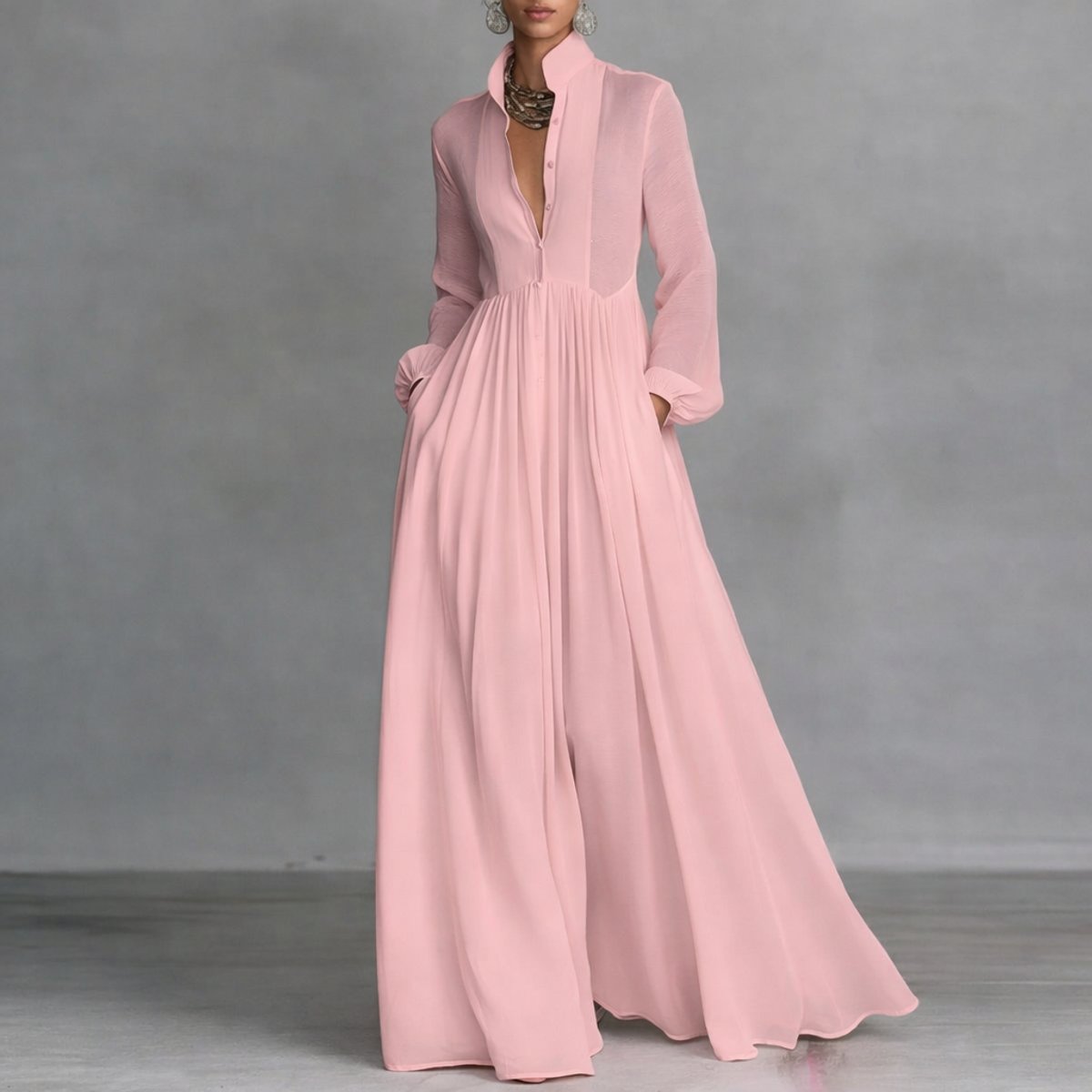 Sophie Stand Collar Flowy Maxi Shirt Dress