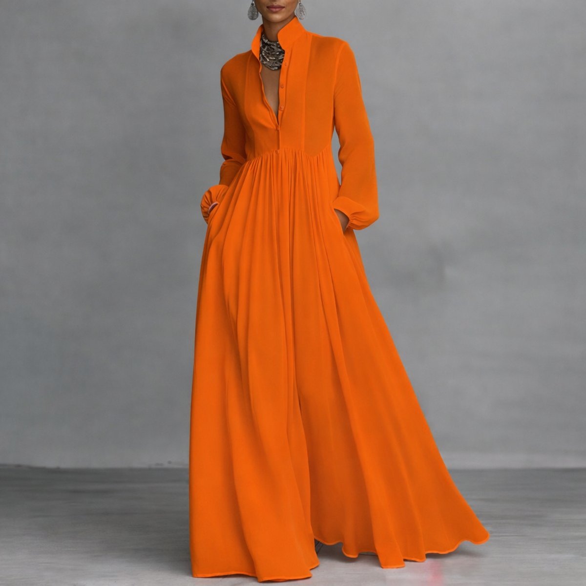 Sophie Stand Collar Flowy Maxi Shirt Dress
