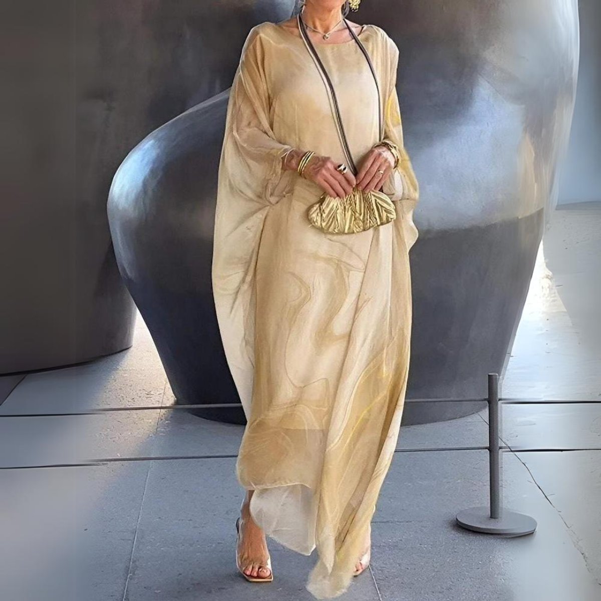 Sophie Long-Sleeve Flowing Crewneck Maxi Evening Dress