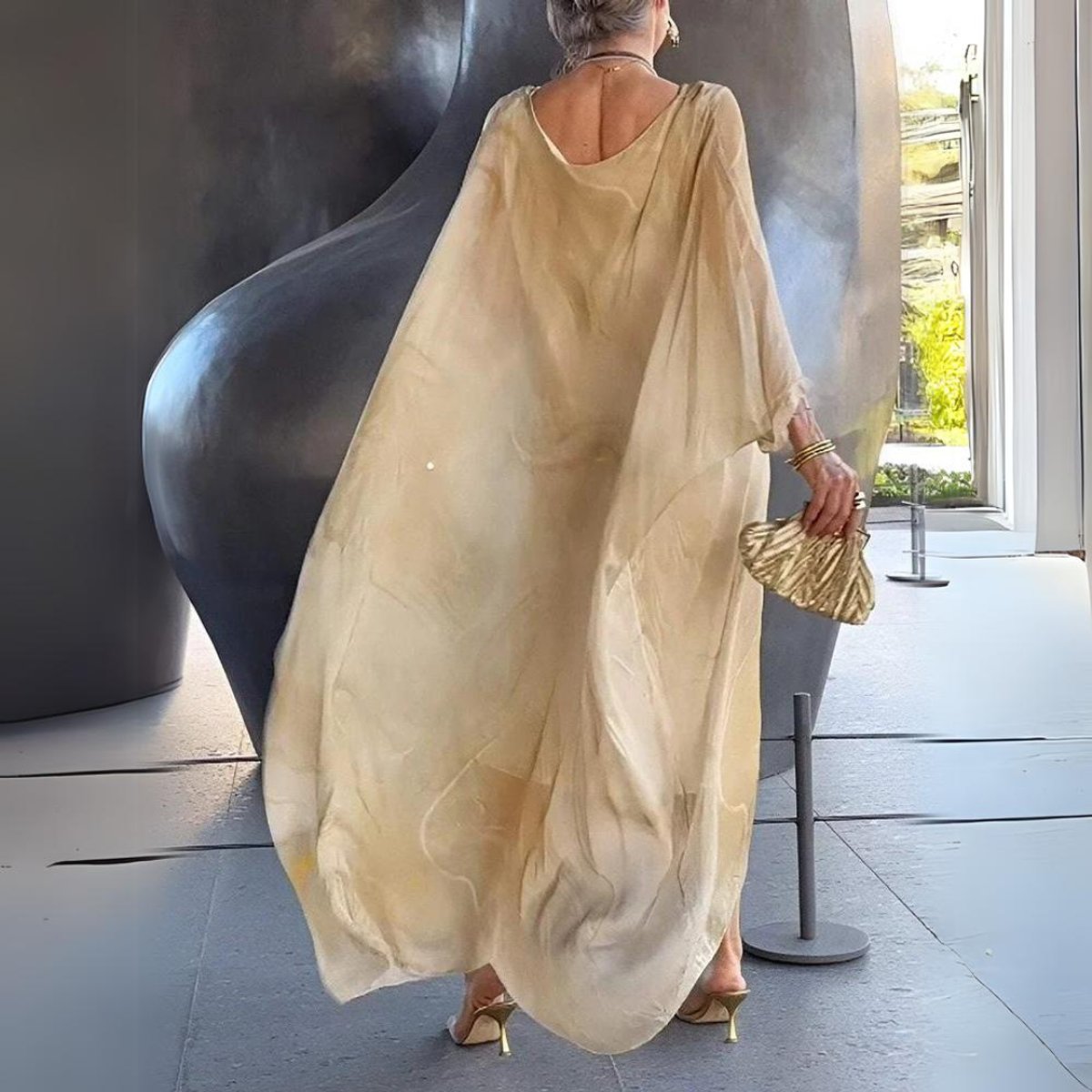 Sophie Long-Sleeve Flowing Crewneck Maxi Evening Dress