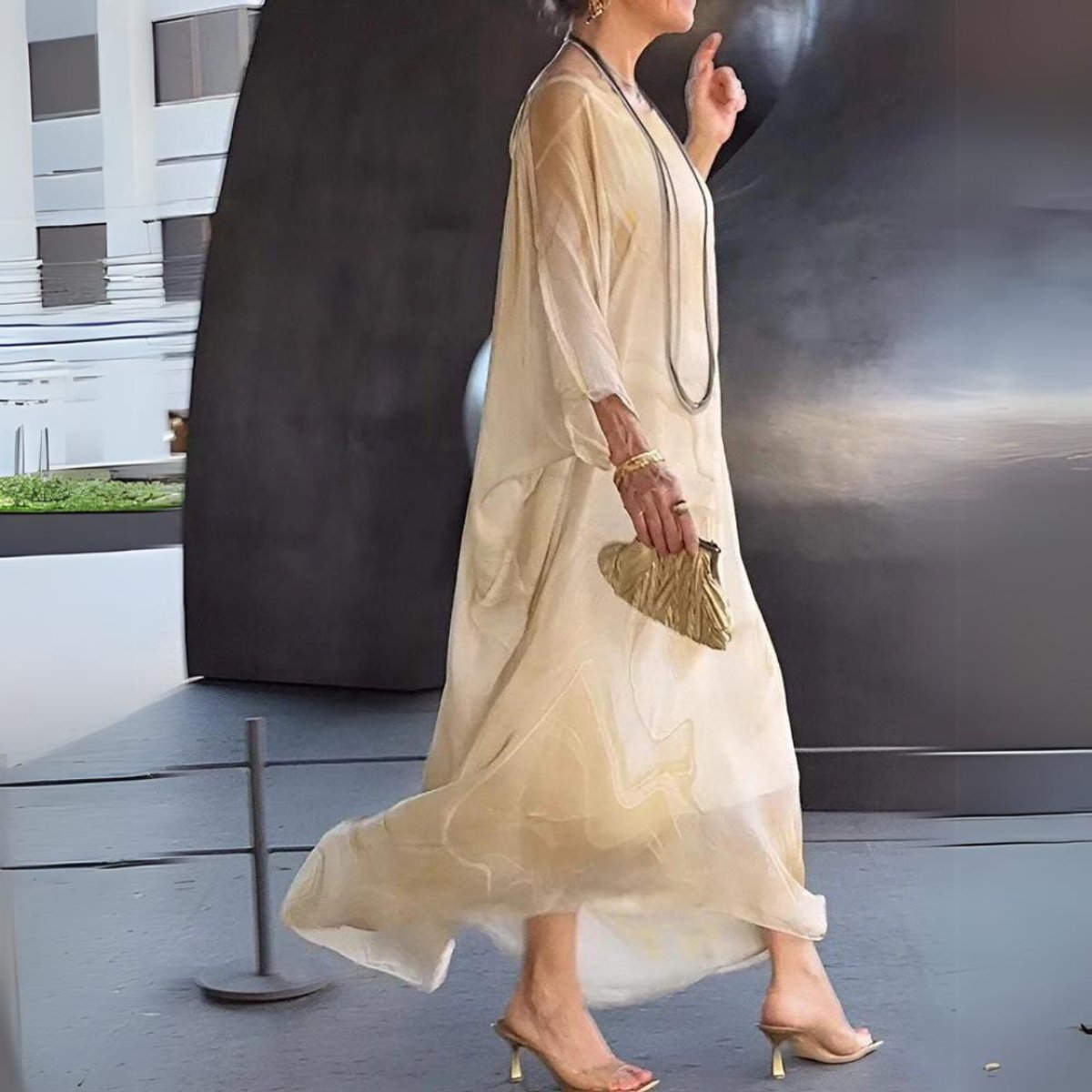 Sophie Long-Sleeve Flowing Crewneck Maxi Evening Dress