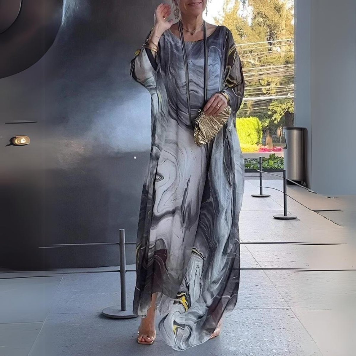 Sophie Long-Sleeve Flowing Crewneck Maxi Evening Dress