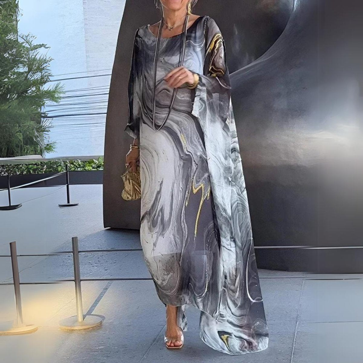 Sophie Long-Sleeve Flowing Crewneck Maxi Evening Dress