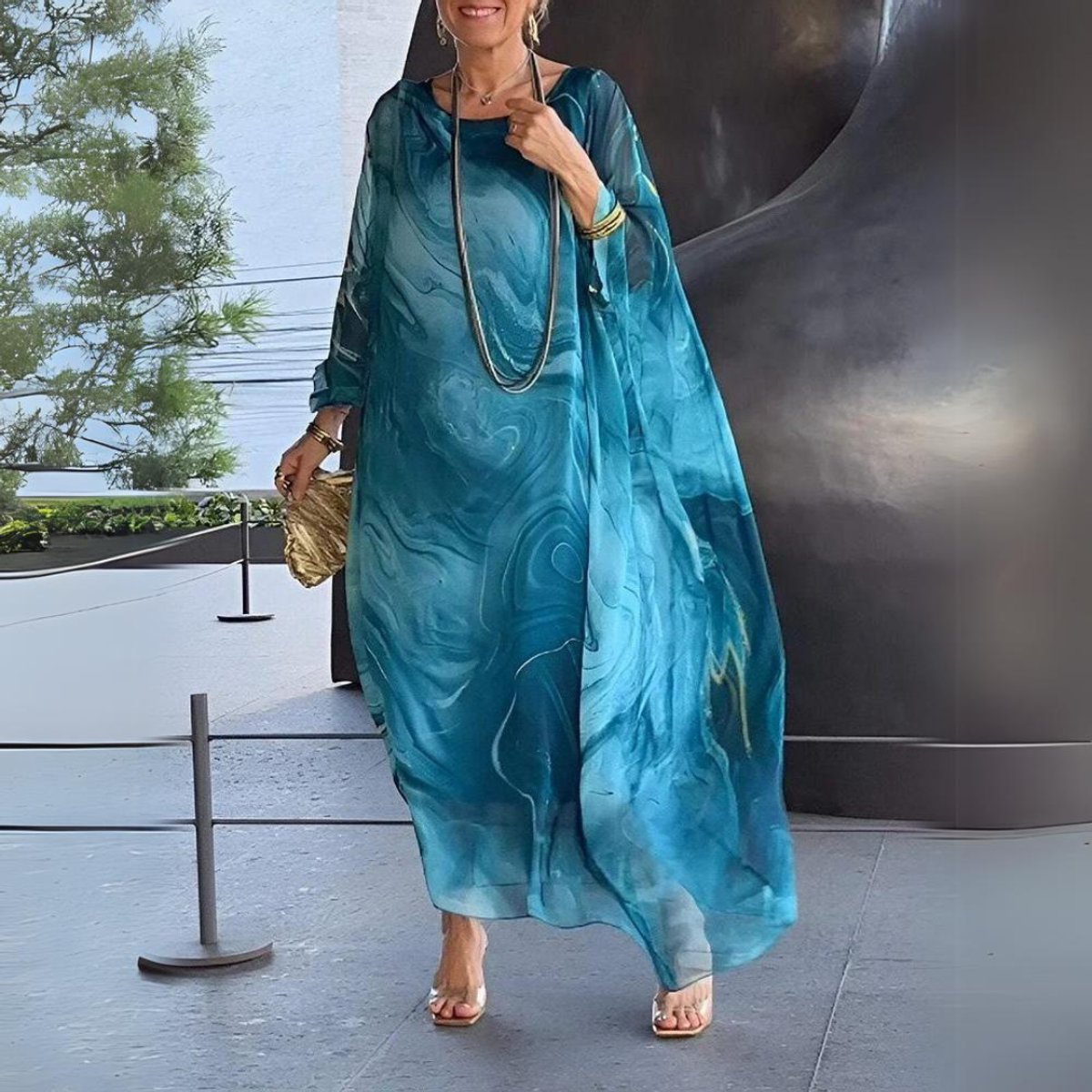 Sophie Long-Sleeve Flowing Crewneck Maxi Evening Dress