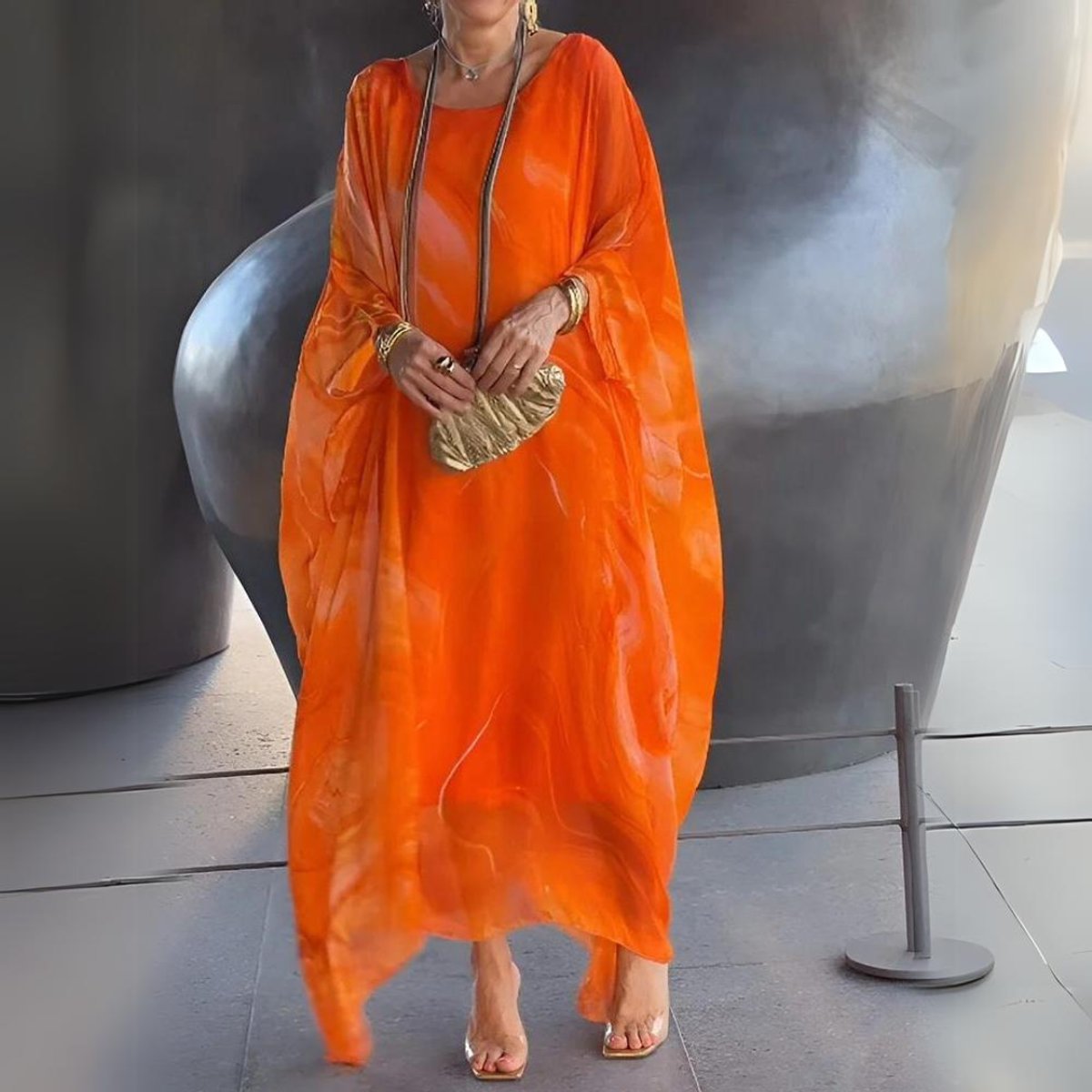 Sophie Long-Sleeve Flowing Crewneck Maxi Evening Dress