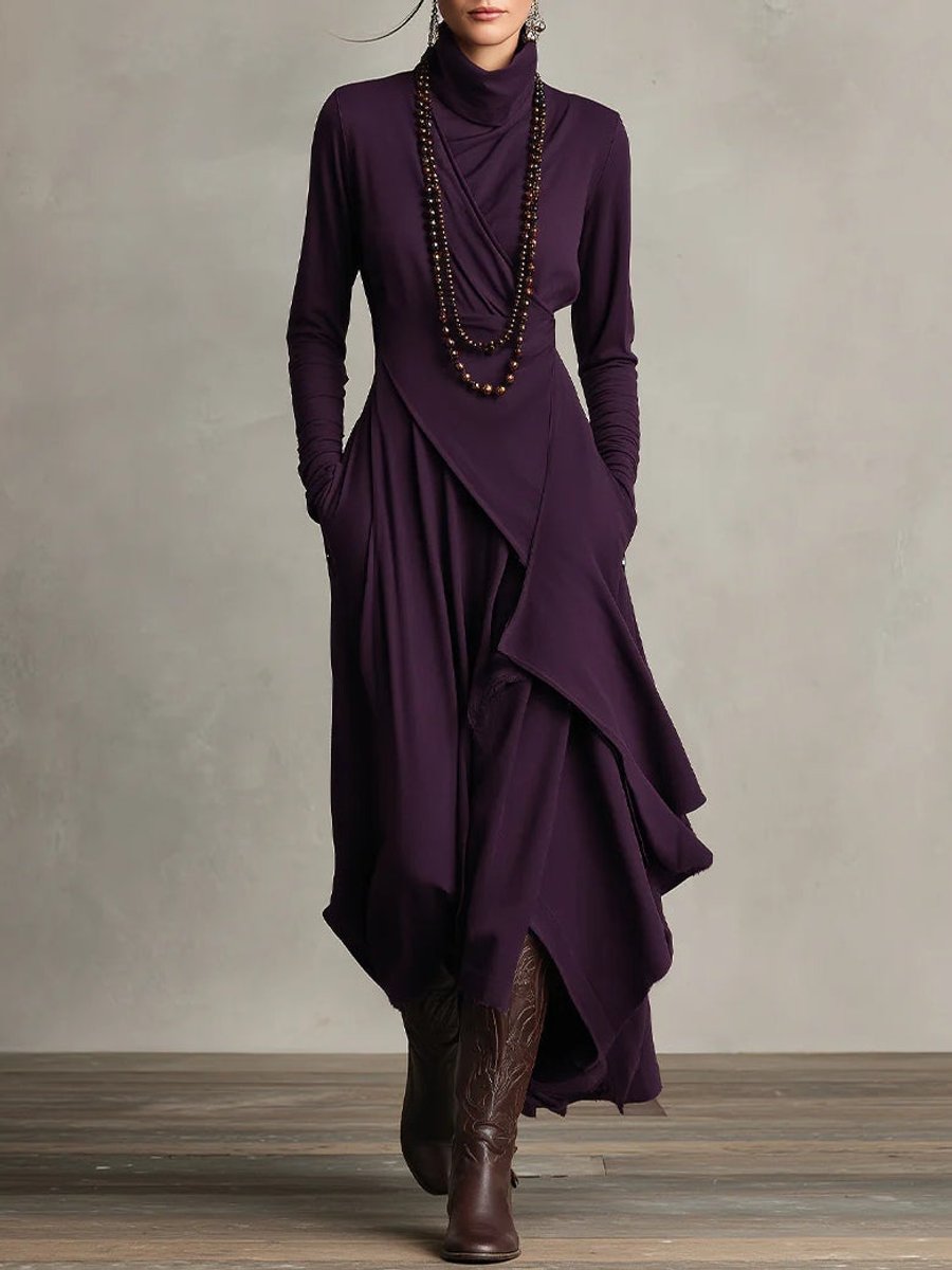Luisa Long-Sleeve Turtleneck Maxi Dress with Asymmetric Hem