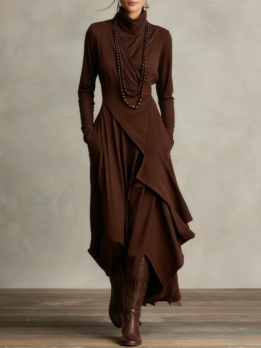 Luisa Long-Sleeve Turtleneck Maxi Dress with Asymmetric Hem