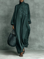 Greta Long-Sleeve Embroidered Maxi Dress with Stand Collar
