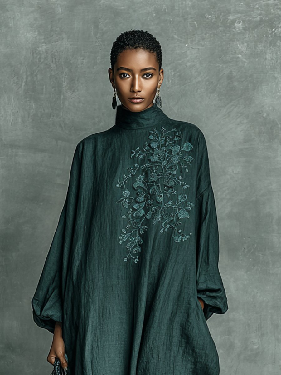 Greta Long-Sleeve Embroidered Maxi Dress with Stand Collar