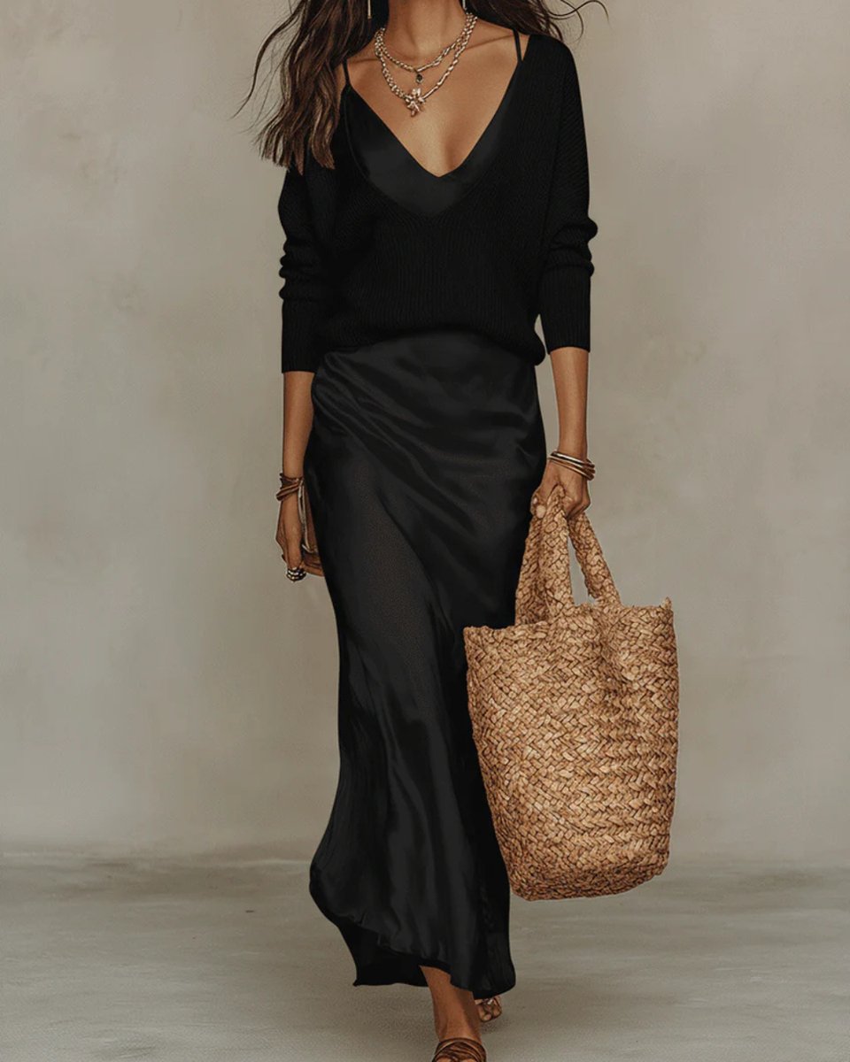 Johanna Knit Sweater and Satin Slip Midi Dress