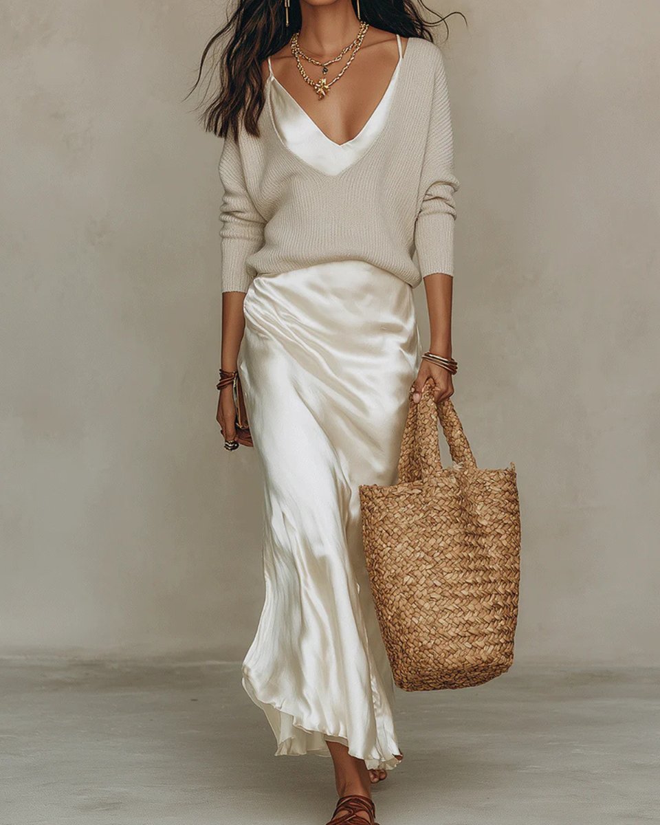 Johanna Knit Sweater and Satin Slip Midi Dress