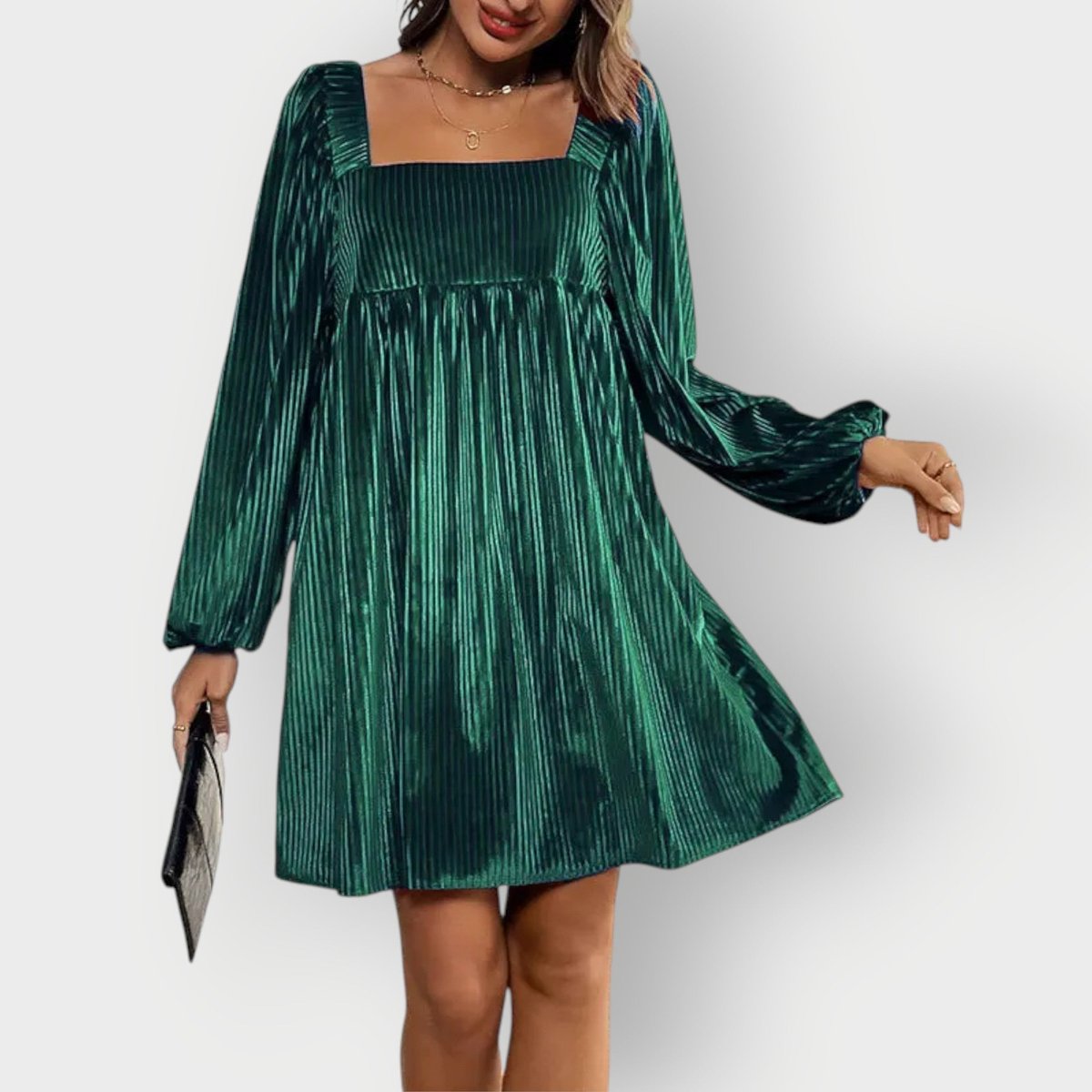 Sophie Long-Sleeve Pleated Velvet Dress with Square Neckline