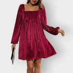 Sophie Long-Sleeve Pleated Velvet Dress with Square Neckline