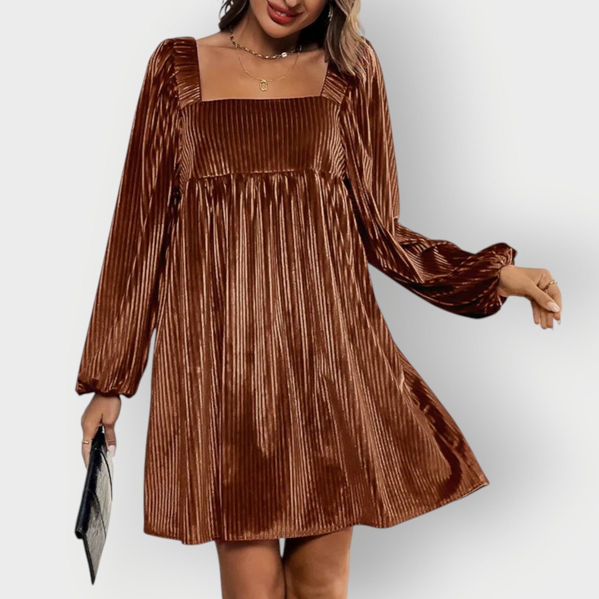 Sophie Long-Sleeve Pleated Velvet Dress with Square Neckline