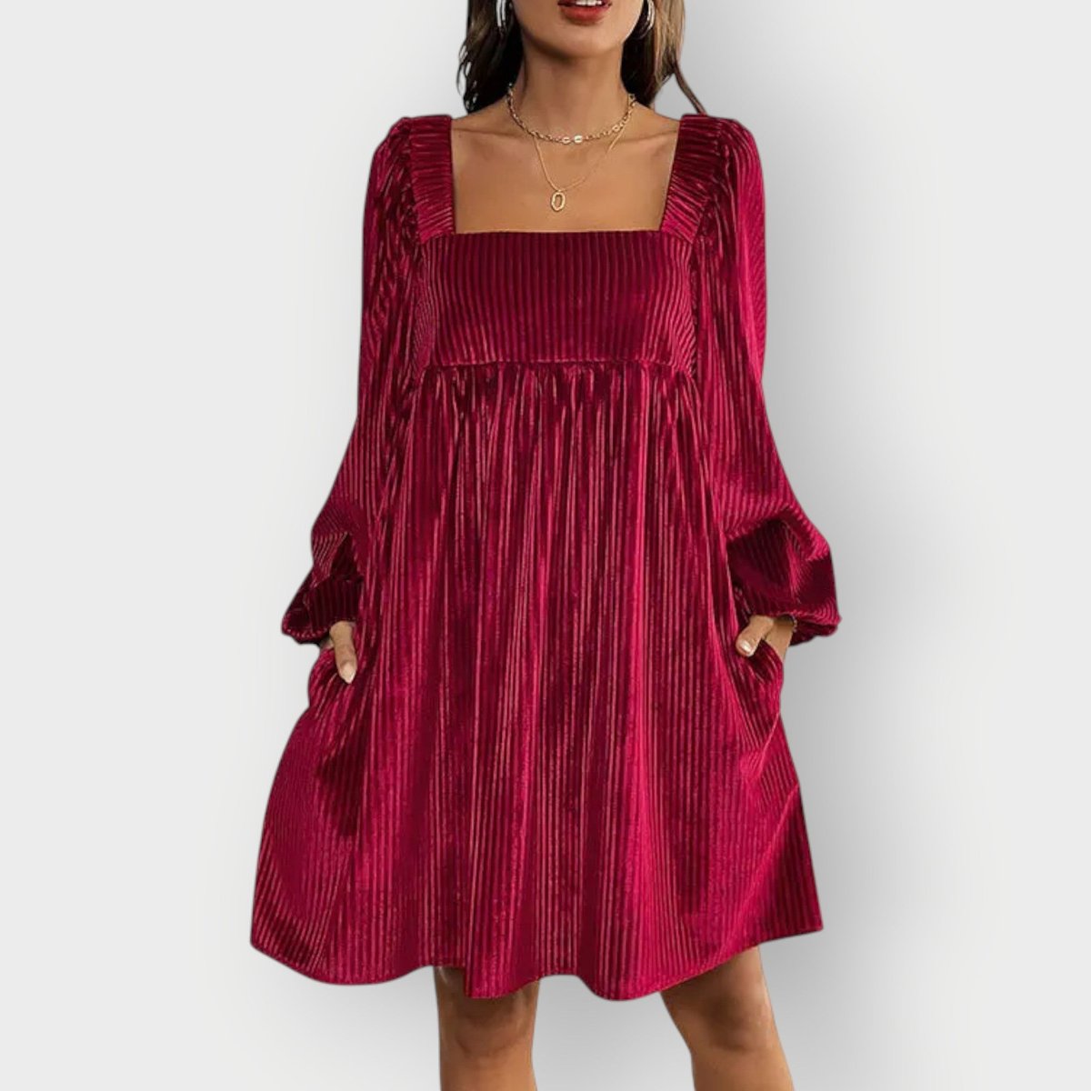 Sophie Long-Sleeve Pleated Velvet Dress with Square Neckline