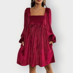 Sophie Long-Sleeve Pleated Velvet Dress with Square Neckline