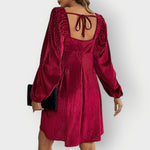 Sophie Long-Sleeve Pleated Velvet Dress with Square Neckline